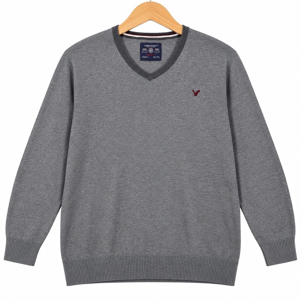American Eagle Sweater Mens XXL Gray V Neck Cotton Athletic Fit Logo Pullover